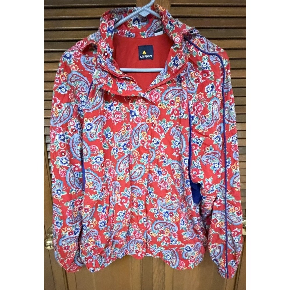 Lizsport Floral Paisley Hooded Windbreaker Jacket Red Cottagecore Preppy Size L